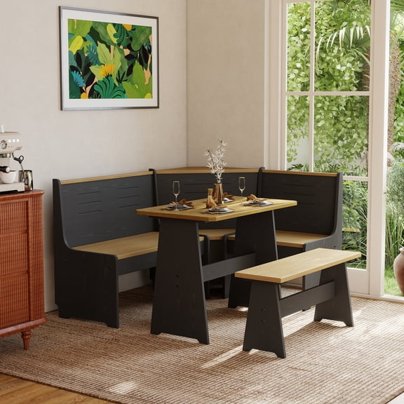 Koby Home Breakfast Nook Table Set, Corner Dining Table with L-Shape Bench Chairs, Farmhouse Kitchen Dining Nook Black Wood
