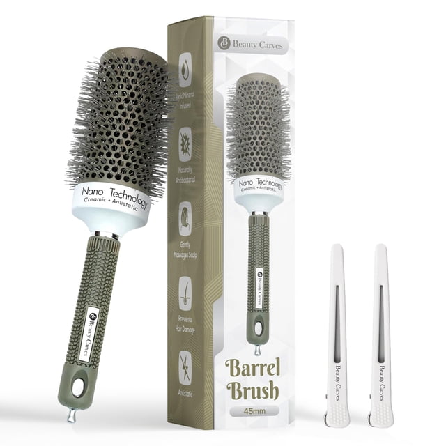 Beauty Carves Cepillo redondo de 45 mm/1,7 pulgadas con 2 clips - Cepillo de pelo redondo con nailon flexible 66 cerdas Tecnología nano iónica resistente al calor para un peinado profesional rizado y
