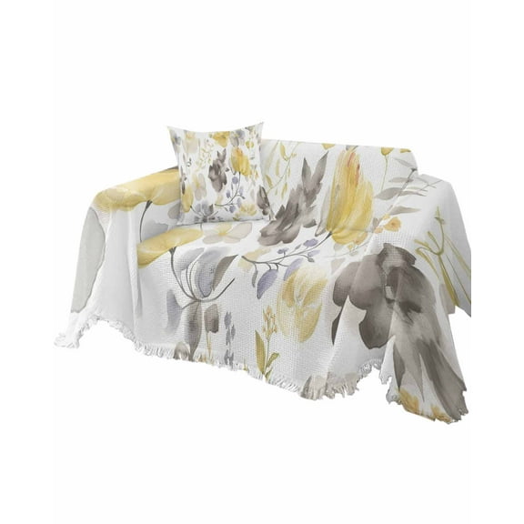Yellow Grey Botanical Sofa Couch Covers for Dogs, Washable Sectional Couch Slipcovers for Loveseat with Tassels, Spring Floral Watercolor Non Slip Sofa Throw Cover Blanket L 71''x102''