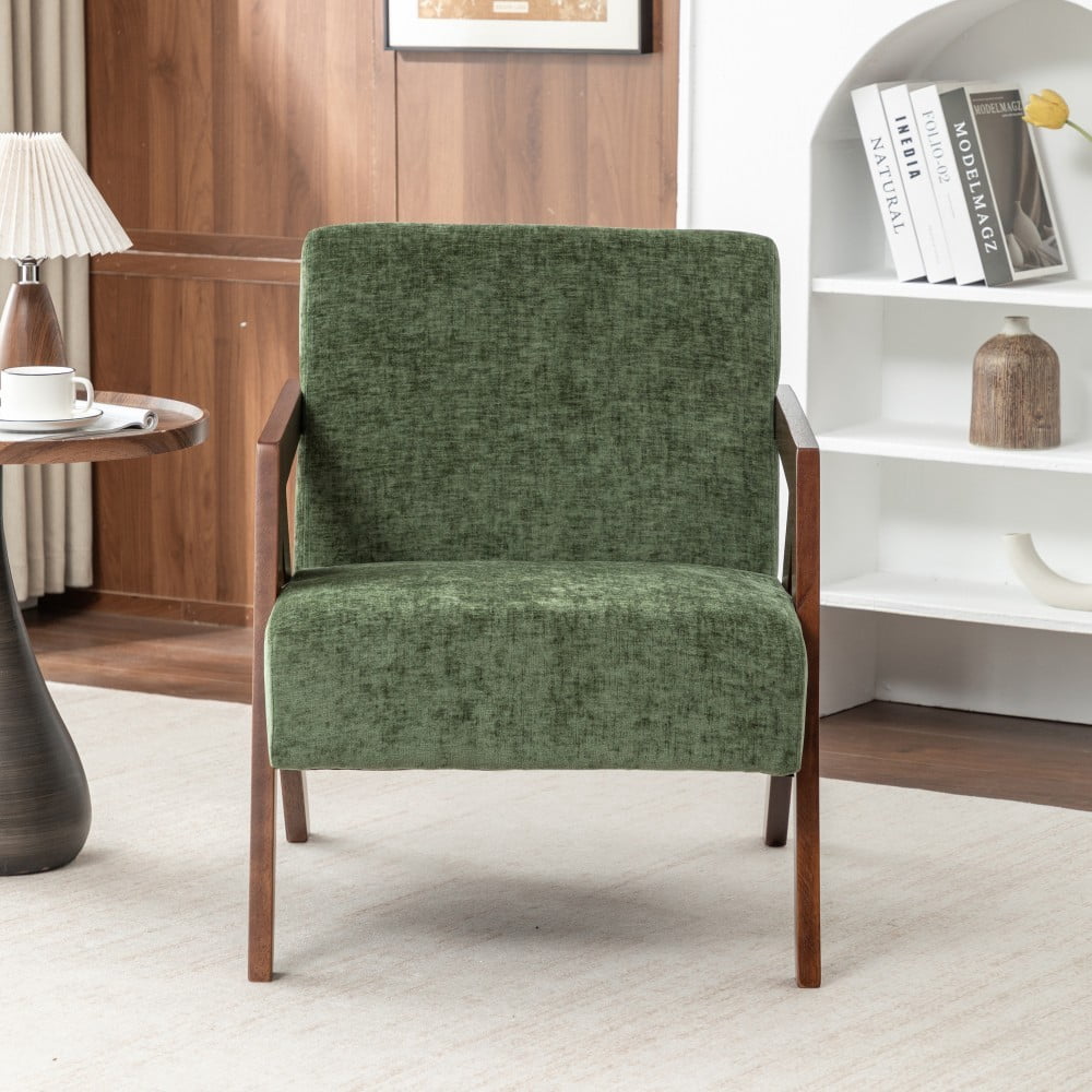 Mid Century Modern Accent Chair, Upholstered Reading Armchair with Rubber Wood Frame, Soft Fabric, Curved Arms for Living Room, Bedroom & Office, Green