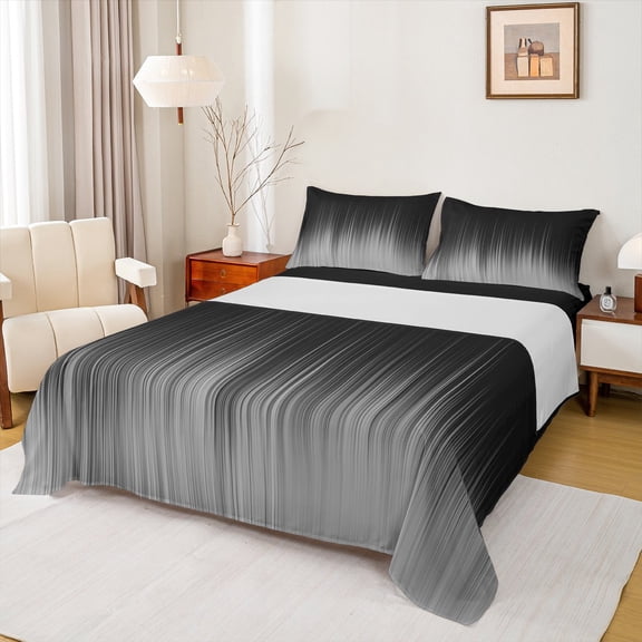 Homewish Grey Gradient Stripes Full Size Sheets for Adult, Chic Abstract Lines Bed Sheets, Modern Fashion Style Sheet Sets, Luxury Bedroom Decor, 4-Piece