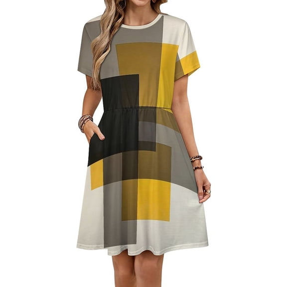 Beige And Black And Yellow Squares Short Sleeve Dress Women Summer Evening Dresses Ladies Sundress