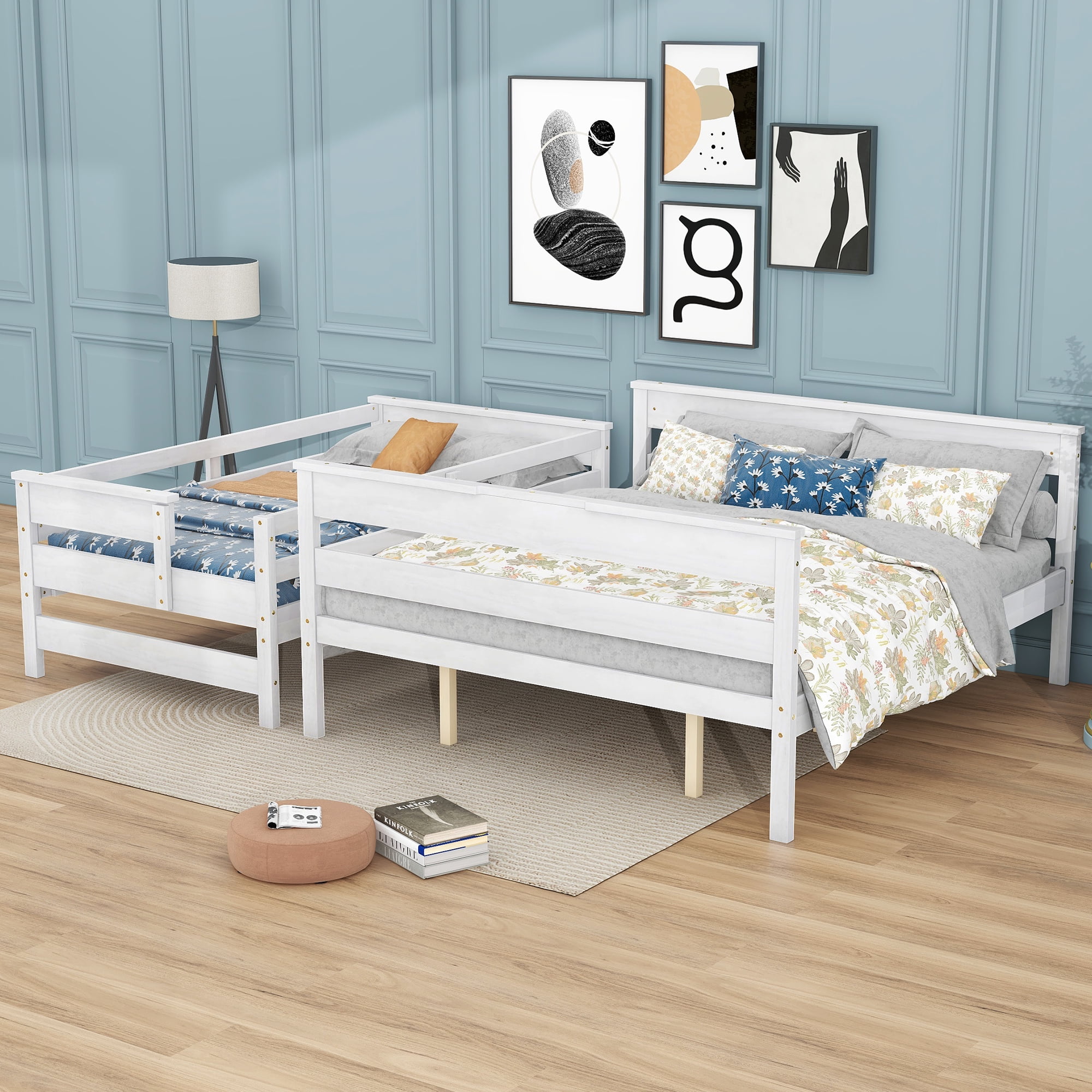 EUROCO Twin XL over Queen Bunk Bed, Convertible 2 Beds for Kids Teens Adults with Ladder, White