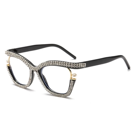 New large-frame cat-eye flat glasses for women with rhinestones, pearls, and metal, anti-blue light and anti-radiation eyeglasses