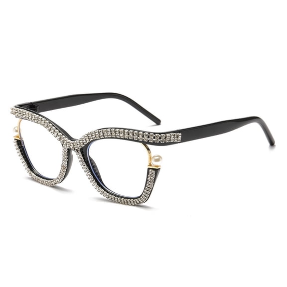 New large-frame cat-eye flat glasses for women with rhinestones, pearls, and metal, anti-blue light and anti-radiation eyeglasses