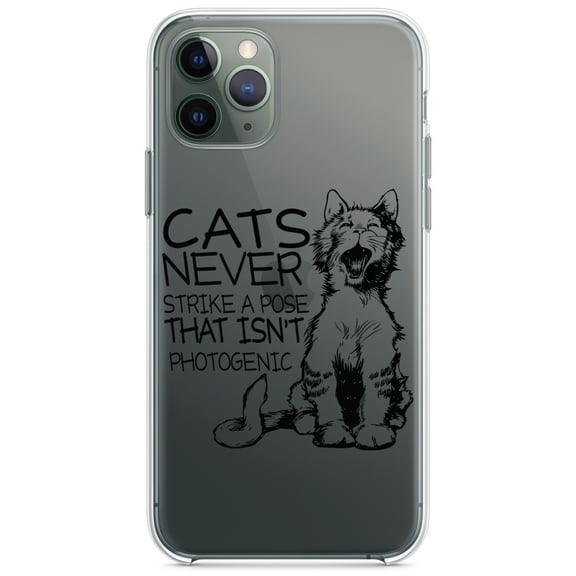 DistinctInk Clear Shockproof Hybrid Case for iPhone 11 (6.1" Screen) - TPU Bumper Acrylic Back Tempered Glass Screen Protector - Cats Never Strike a Pose not Photogenic