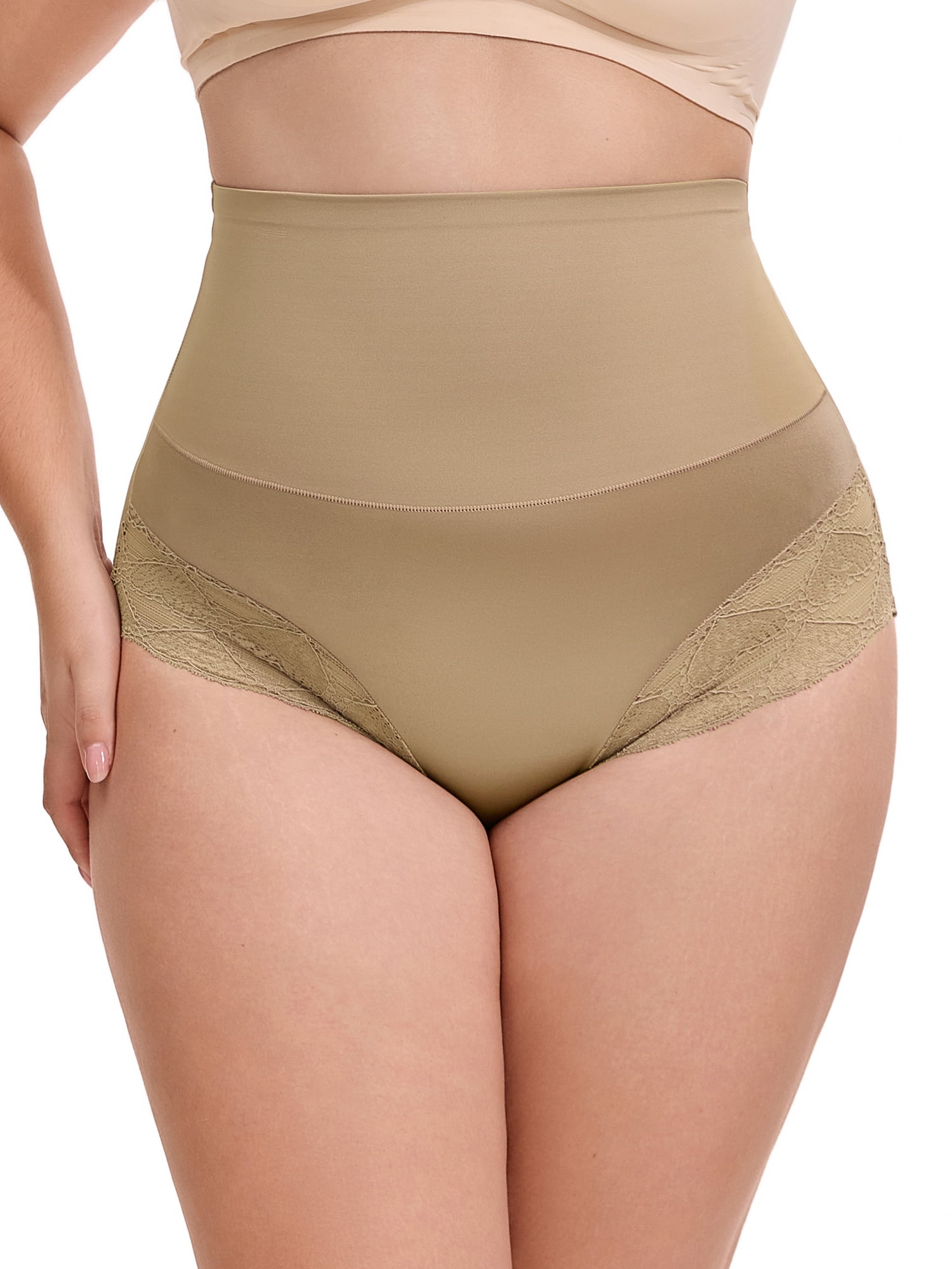 Unique Bargains Lace Trimmed High Waisted Tummy Briefs 2XL Light Brown
