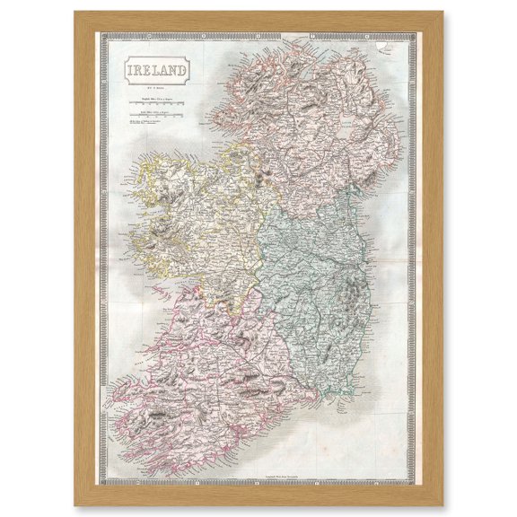 Vintage Map 1850 Hall Ireland Emmerald Isle A4 Artwork Framed Wall Art Print