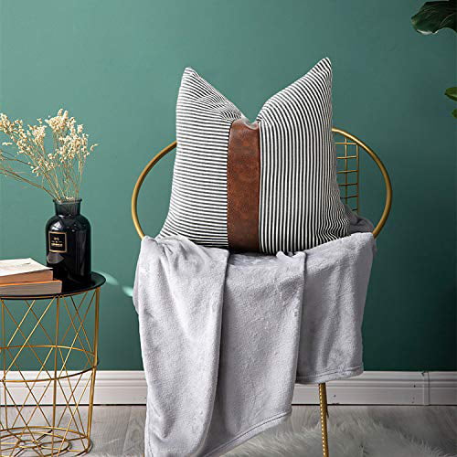 Mandioo Pack of 2 Farmhouse Decorative Throw Pillow Covers Boho Accent Cushion Cases Pillowcases for Couch Sofa Bedroom Faux Leather Cotton Linen Stripe 18x18 Inches Khaki 