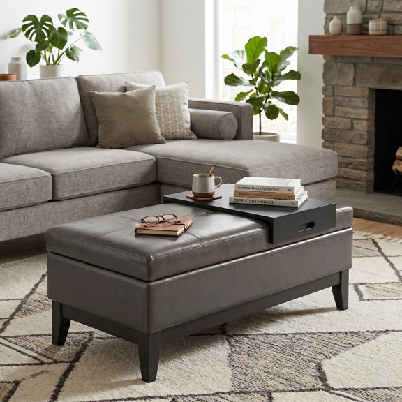 Oregon 42 inch Wide Storage Ottoman Bench with Tray in Tanners Brown Vegan Leather