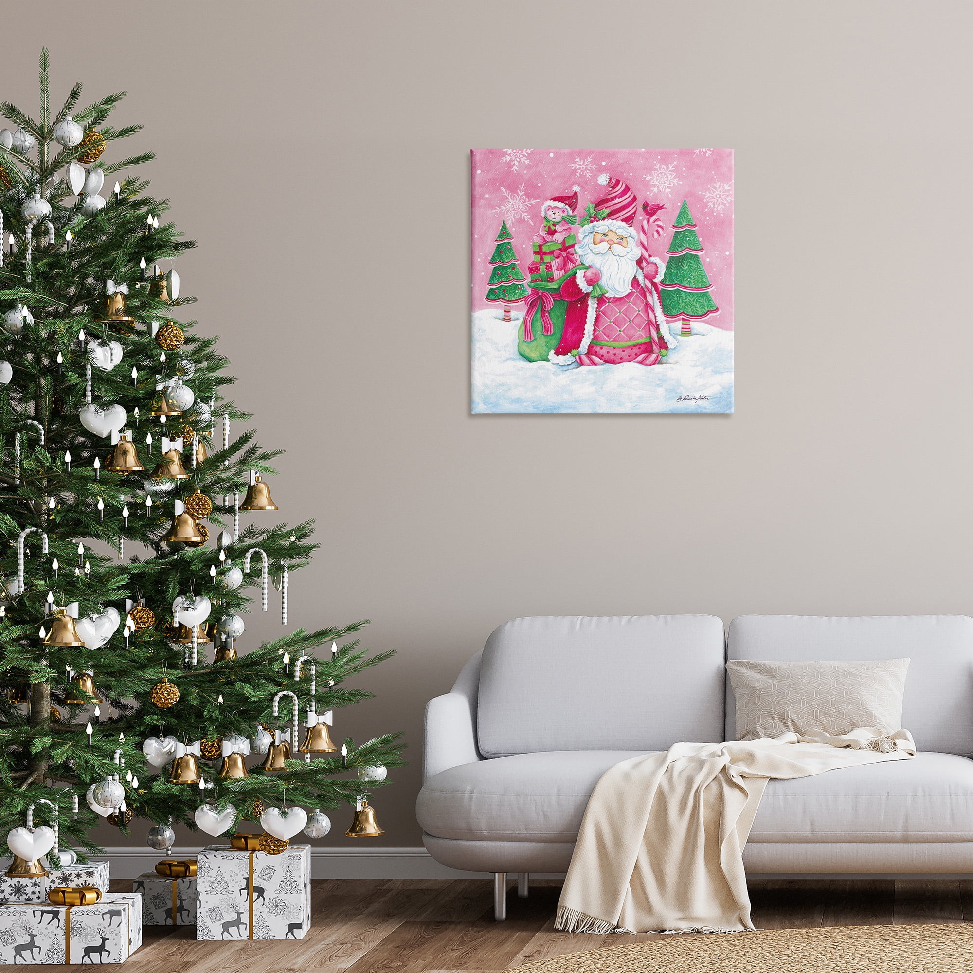 Stupell Industries Pink & Green Santa Scene Holiday Painting Gallery Wrapped Canvas Art Print Wall Art, 30 x 30