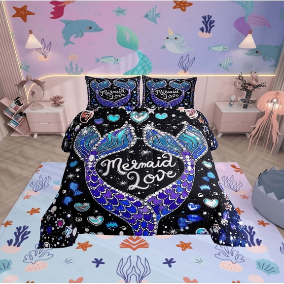 Erosebridal Mermaid Love Bedding Twin Comforter Set, Fairy Tale Down Comforter, Ocean Princess Reversible Comforters & Duvets, Breathable Room Decorative, 2-Piece