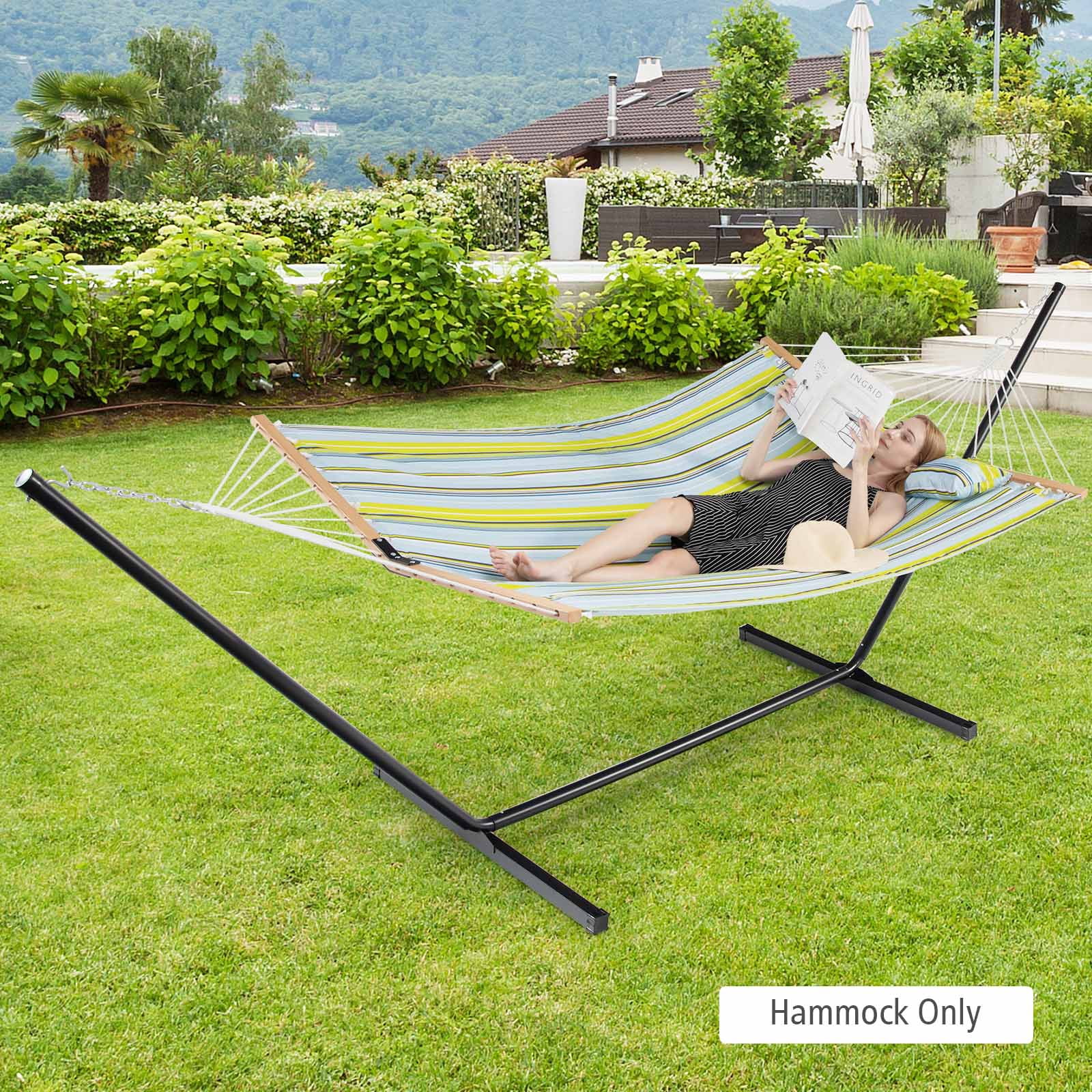 Patiojoy Portable Hammock W/ Spreader Bars & Detachable Pillow Quick Dry & Water Proof Material Hand Woven Cotton Rope Light Blue + Yellow