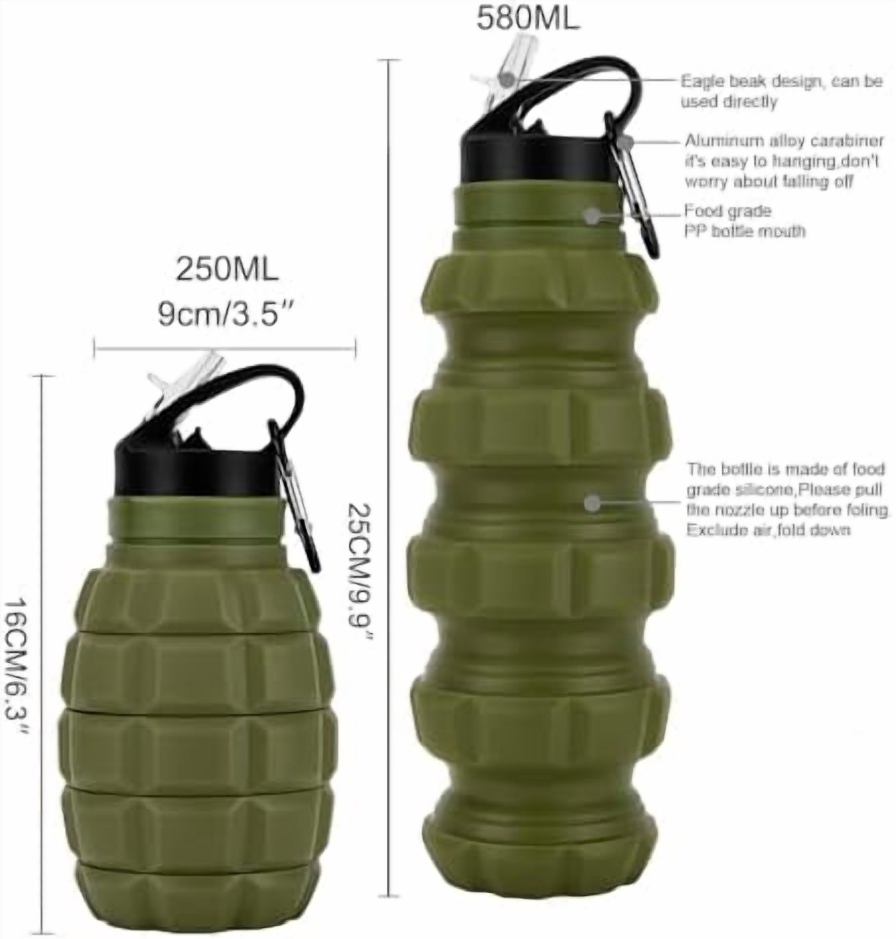 Collapsible Travel Water Bottle 19.6 oz, Reuseable Silicone Foldable Water Bottles for Gym Camping Hiking, Portable Leak Proof Sports Water Bottle with Carabiner (Noble Army Green)