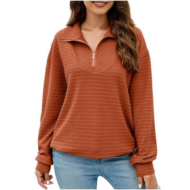 MeetoTime Women's Sweatshirt Fall Casual Textured Long Sleeve Tops 1/4 Quarter Zip Sweatshirt