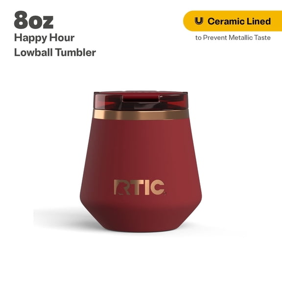 RTIC 8 oz Ceramic Lined Insulated Happy Hour Lowball Tumbler, Leak Resistant Lid, Soft-Touch Exterior, Black Cherry