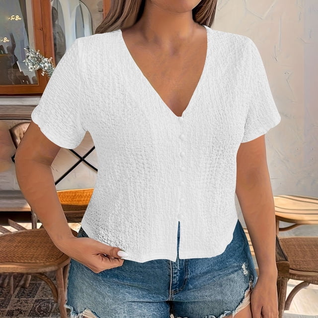 mfyjkho Tops Bohemios Para Mujer, Blusa Informal De Manga Corta Con Botones Y Cuello En V De Color Liso Para Mujer Tops Para Hacer Ejercicio Para Mujer Xxxxl