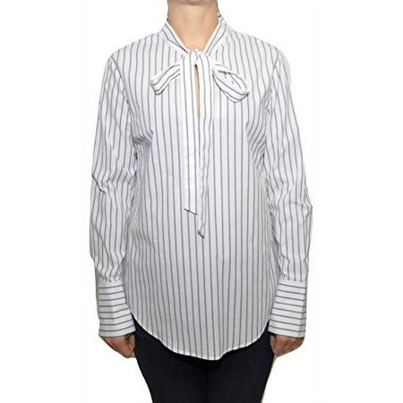 Michael Michael Kors Long Sleeve Bow Neck Striped Blouse Shirt (Black, Large)