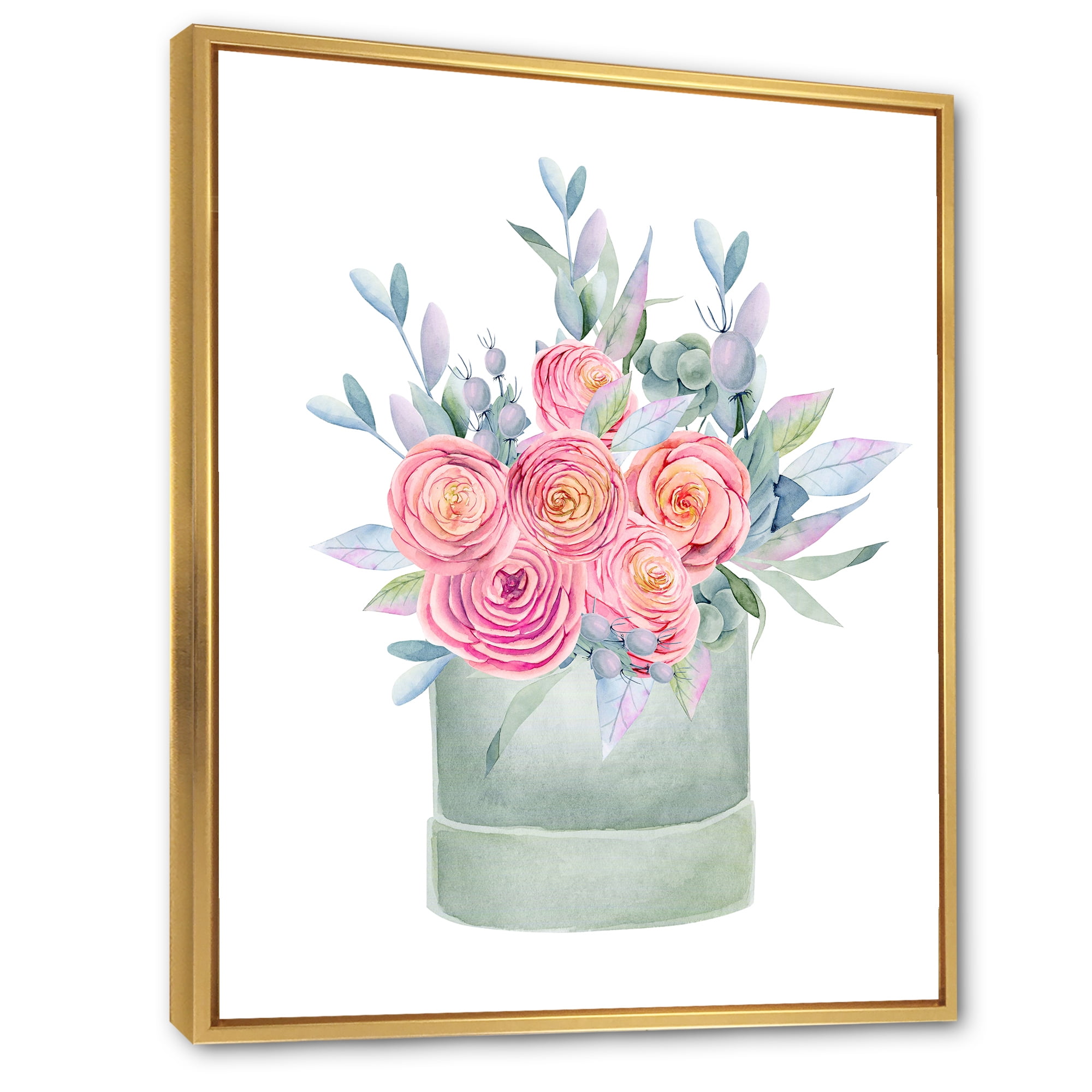 Designart 'Pink Roses With Gift Box' Farmhouse Framed Canvas Wall Art Print