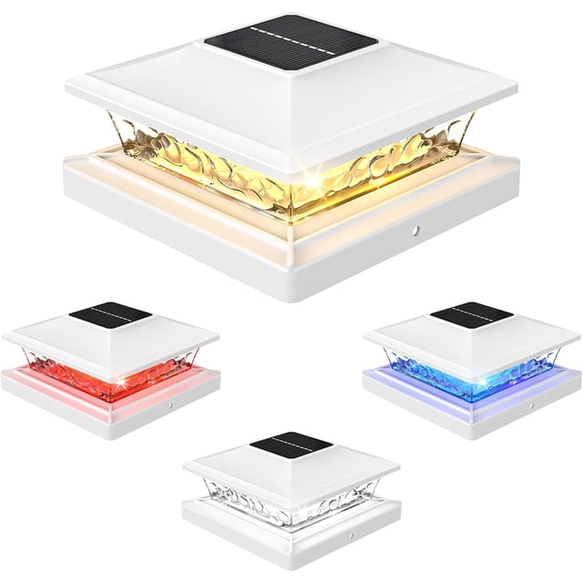 Solar Post Cap Lights with 8 RGB Solid Colors & Multicolor Flow - 4 Pack Fence Post Solar Lights, IP65 Waterproof - Fits 4x4 5x5 6x6 Wood & Vinyl Posts - White