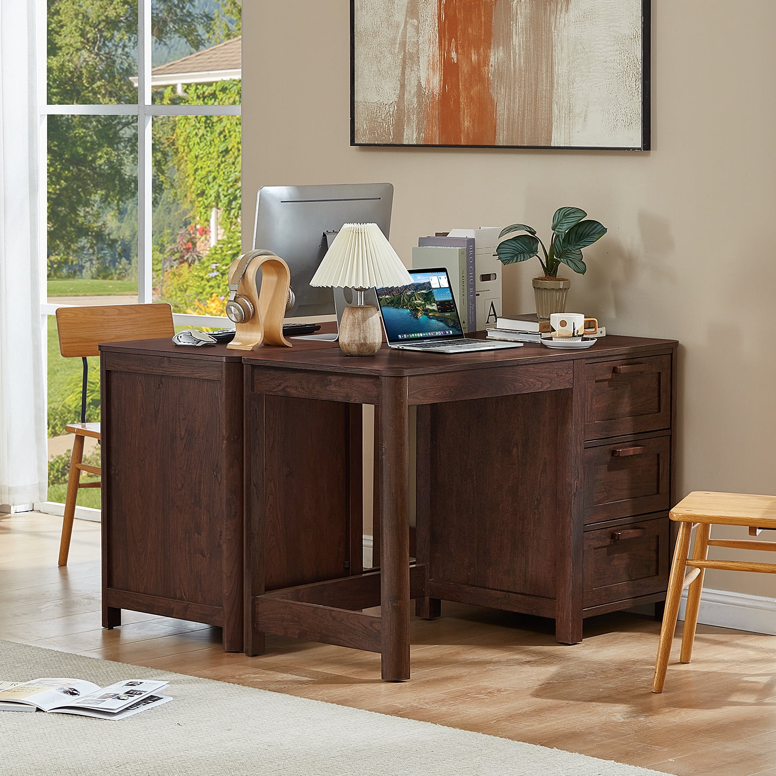 Joaxswe 48" Computer Desk with 3 Drawers, Wood Home Office Desk, Farmhouse PC Desk for Study, Bedroom, Walnut