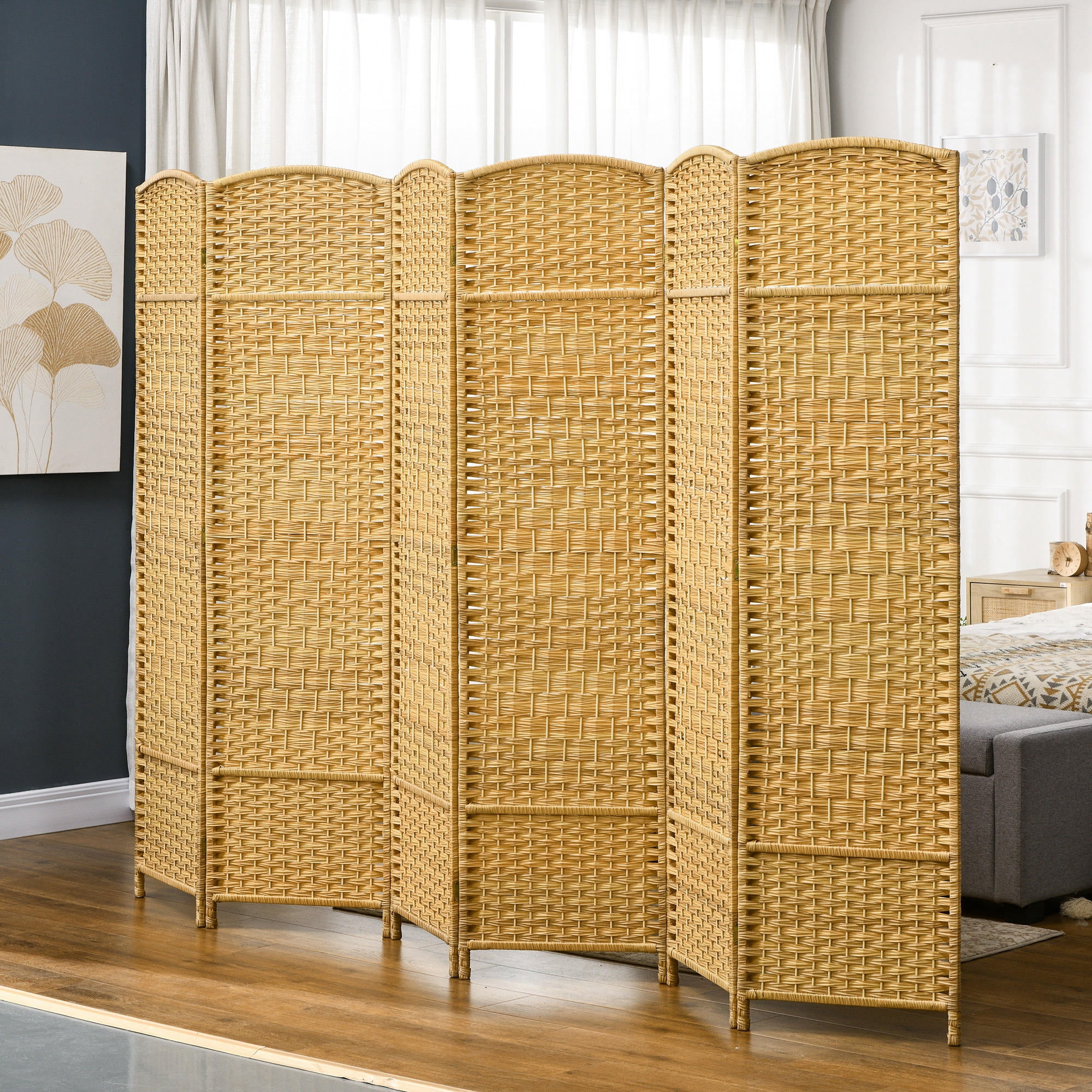Folding Room Divider Screen 6 Panel 70.9" Tall Privacy Screen Freestanding Wood Partition, Hand-Woven Freestanding Room Separator for Home Bedroom Office, Nature Wood