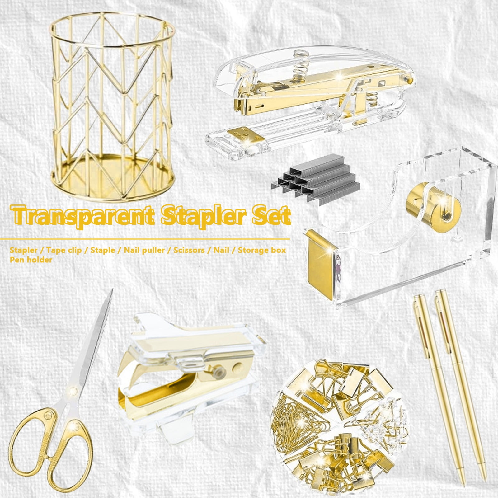 Arcticwind Desk Accessories Acrylic stapler set,staple remover,Phone Holder,Tape Dispenser,Tape/Pen Holder,Scissor,Ballpoint Pen,Binder Clips,Paper Clips and Staples.(8 piece imitation gold set)
