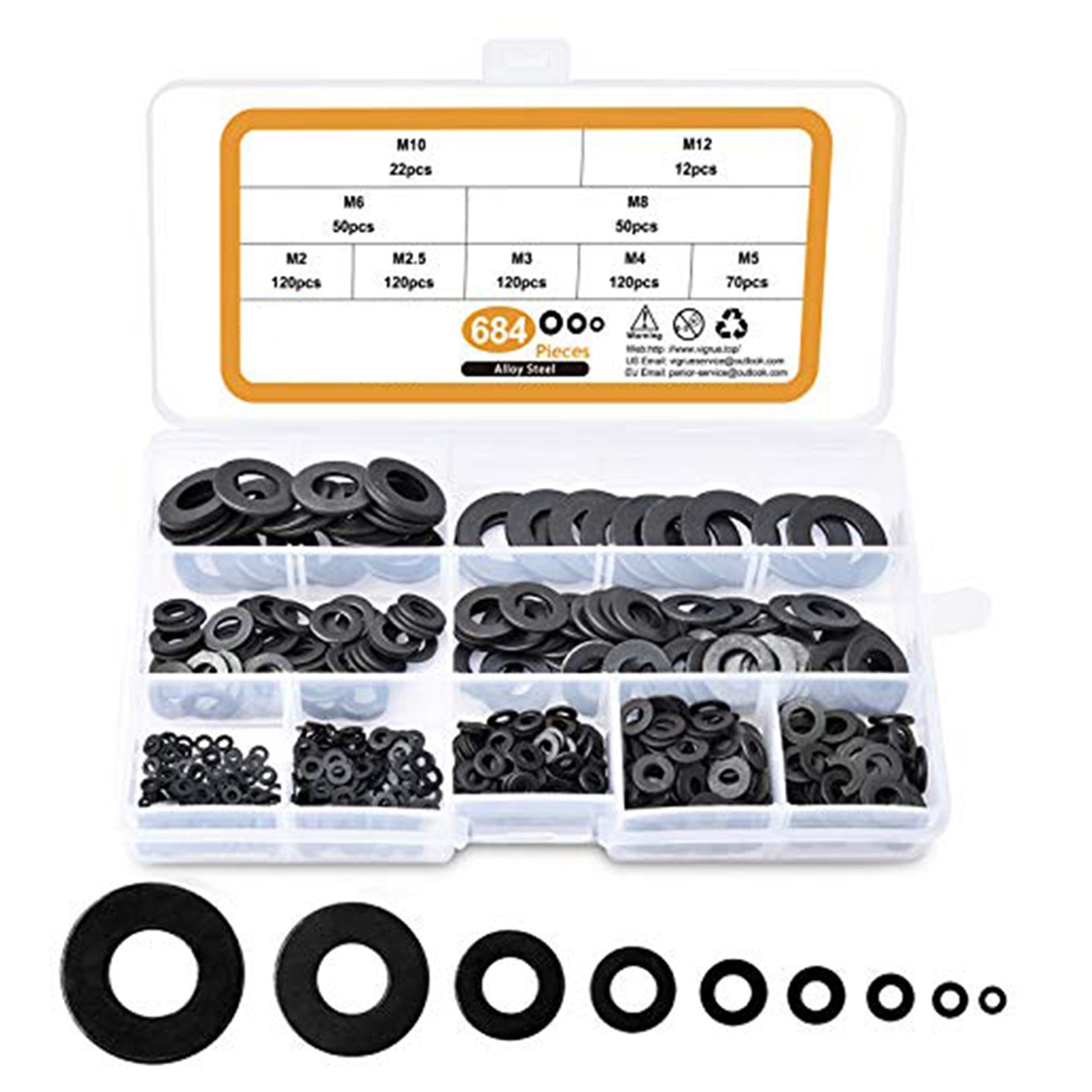 Assorted Flat Washers Set 684Pcs-9 Sizes Black Zinc Plated Alloy Steel Washers