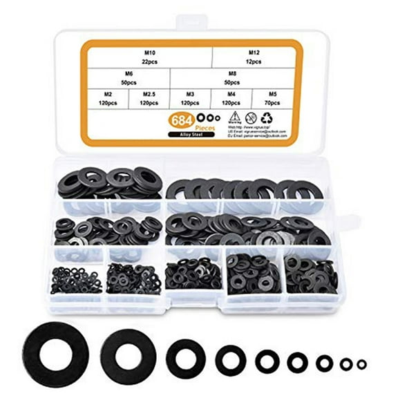 Assorted Flat Washers Set 684 Pcs -9 Sizes Black Zinc Plated Alloy Steel Washers