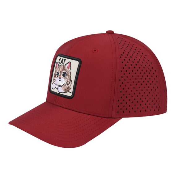 Unisex Embroidered The Cat, 6-Panel Microfiber Laser hole Trucker Hat, Dark Red/Dark Red, Adjustable Fit