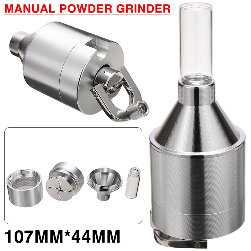 Metal Powder Grinder Spice Hand Mill Funnel Snuff Snorter Glass Vial 