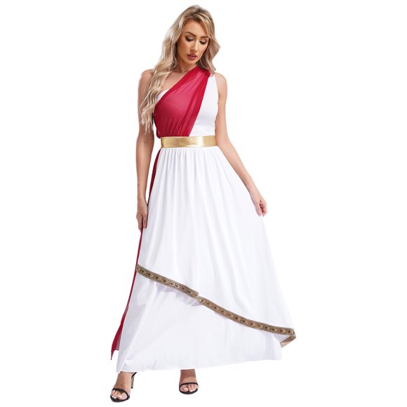 Loodgao Womens Ancient Greek Beauty Dress Toga One Shoulder Tiered Maxi Praise Dress Halloween Costumes Burgundy M