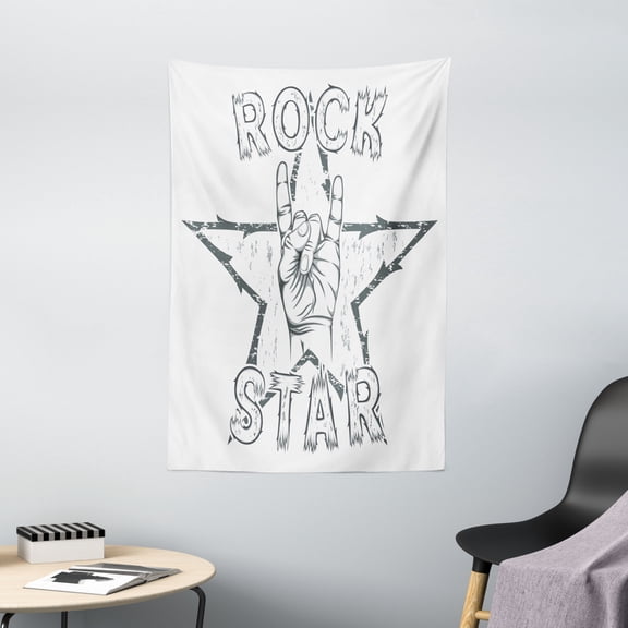 Popstar Party Tapestry, Rock Star Theme High Sign and Star Figure Grungy Sketch Gesture Vintage, Wall Hanging for Bedroom Living Room Dorm Decor, 40W X 60L Inches, Black and White, by Ambesonne