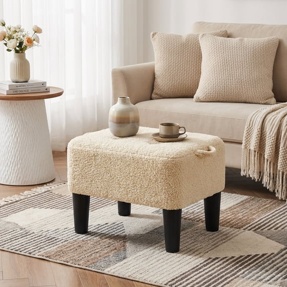 Ledrem Small Ottoman Foot Stool with Thick Cushion, Sand Teddy Fleece