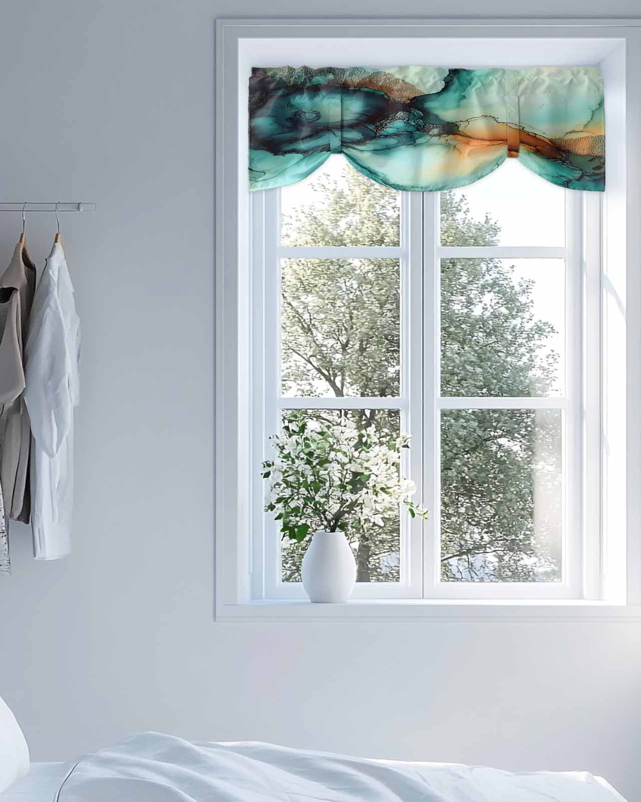 Abstract Water Ripple Art Tie Up Valances Curtain, Teal Green Orange Marble Texture Kitchen Valances for Windows Decor, Rod Pocket Short Curtains Set for Bedroom/Bathroom, 54"x18"