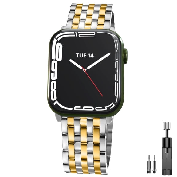 ZYX 7-Link Stainless Steel Band for Apple Watch, Women's Dressy Metal Bracelet with Tool, Sliver & Gold, 49mm/46mm/45mm/44mm/42mm(series 3/2/1)