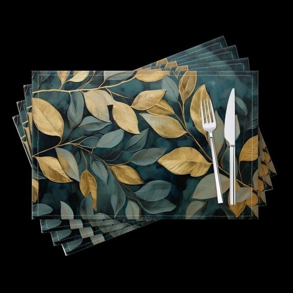 BaHomeck placemats Set of 4 Leaves In Gold And Teal On Dark Background Cotton Linen rectangle Placemats for Kitchen Dining Table Indoor,Outdoor,18*12inch