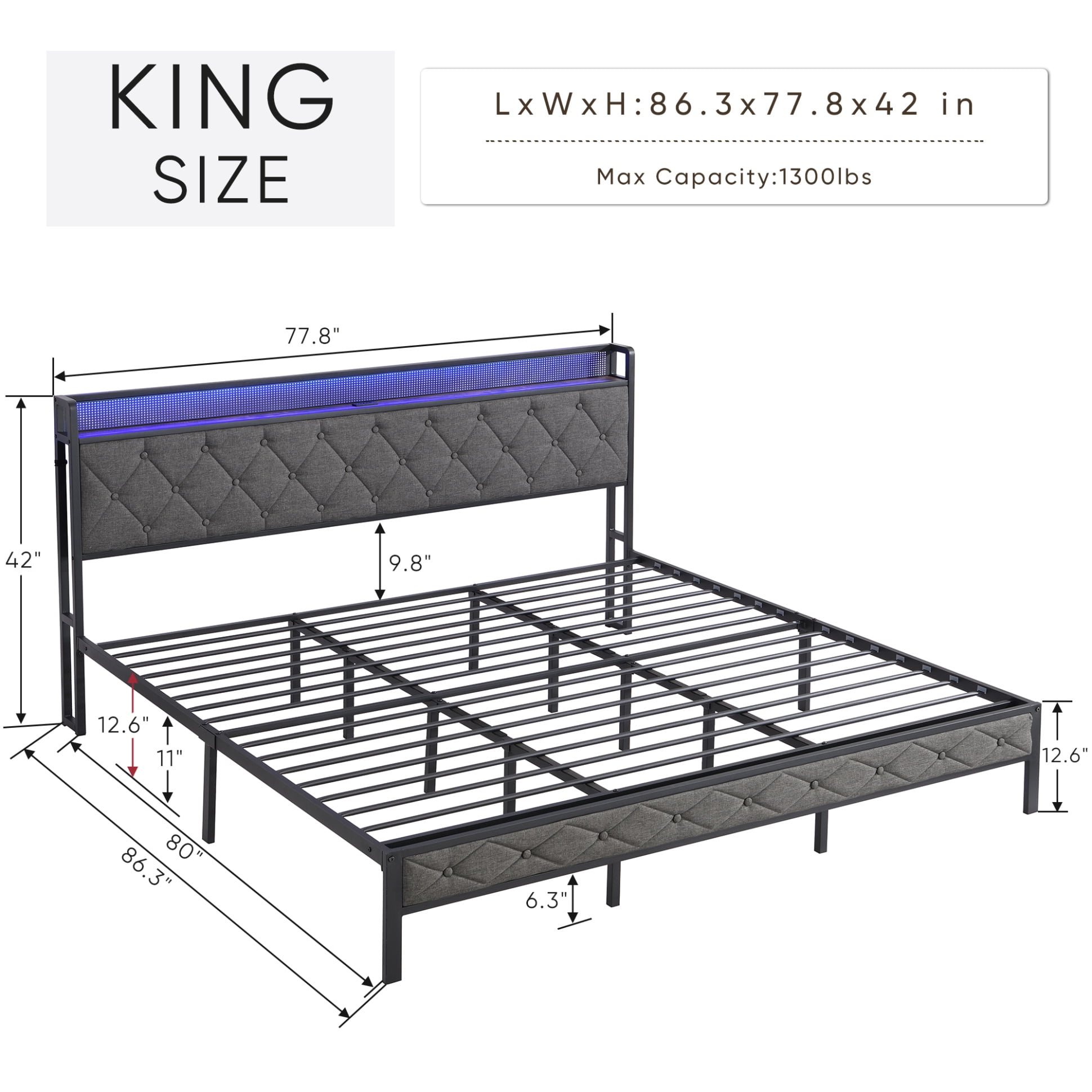 King Size Bed Frame with LED Lights, Charging Station and Storage Headboard, Upholstered Platform Bed Frame with Heavy Metal Slats, No Box Spring Needed, Noise Free, Easy Assembly, Dark Gray