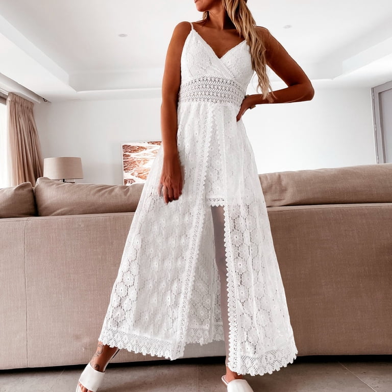 beach dresses and rompers GILIGEGE Women's Ruching Smocking Jumpsuit Summer Slip V Neck Backless Maxi High Low Womens for Summer Summer Dress Lace Tassels Spaghetti Strap Dress Casual Hi Maxi Dress RAVEN - Ring in