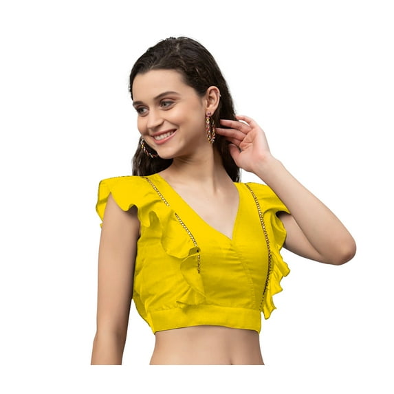 eloria Women Ruffle Sleeveless Saree Blouse V Neck Summer Casual Sari Top Color : Yellow, SIZE : 40