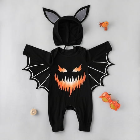 

Juebong Baby Pajamas Toddler Kids Boys Girls Halloween Fashion Cute Funny Print Bat-sleeve Romper Jumpsuit Hat Suit Baby Romper for 6-9 Months