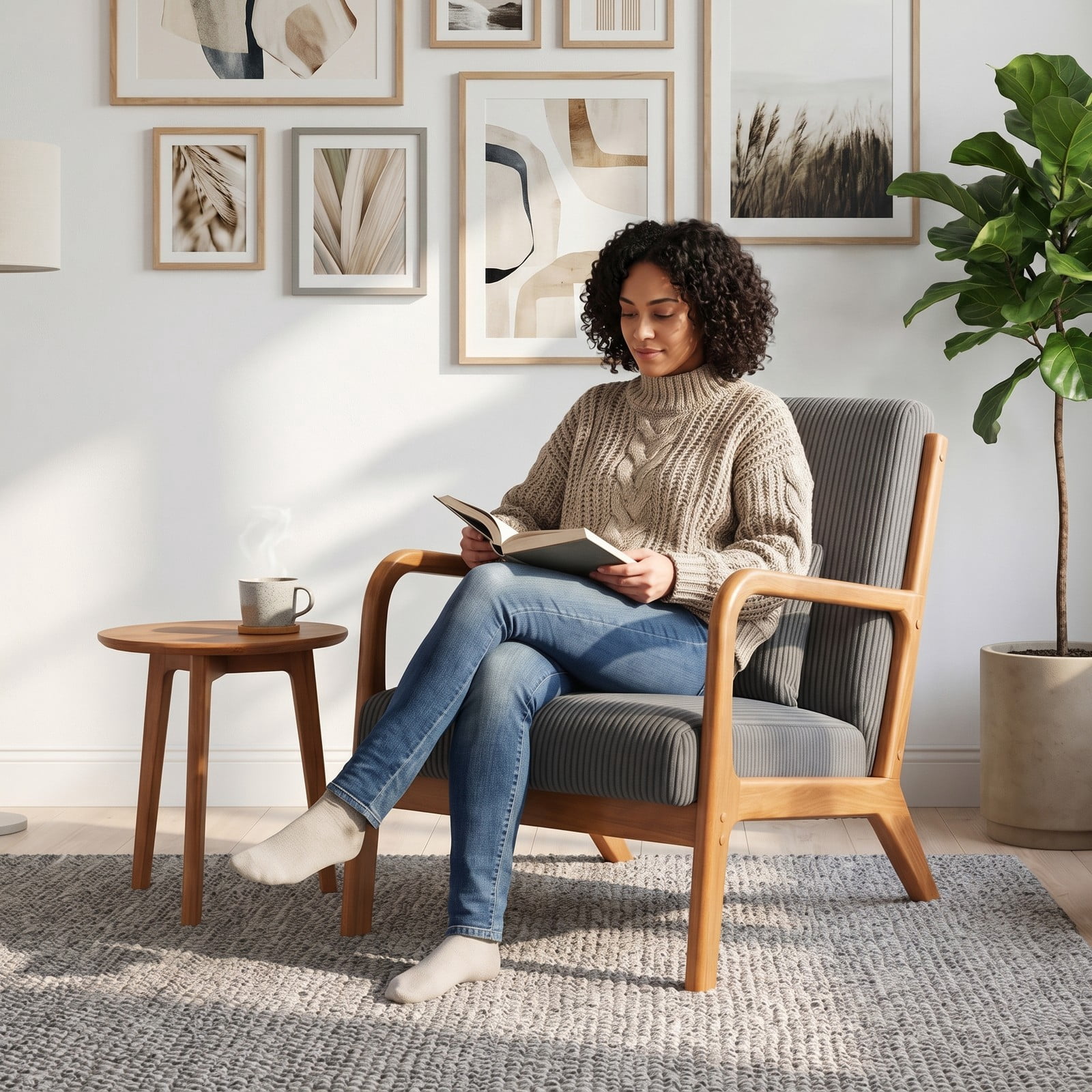 Furnibear Accent Chair, Corduroy Upholstered Lounge Chair with Lumbar Pillow, Ergonomic 105-Degree Backrest, Solid Wood Frame Armchair for Living Room Bedroom, Gray