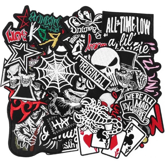 30pcs Random Assorted Cool Punk Embroidered Patches, Sew On/Iron On Patch Applique for Clothing, Jackets, Jeans, Hats, DIY Accessories