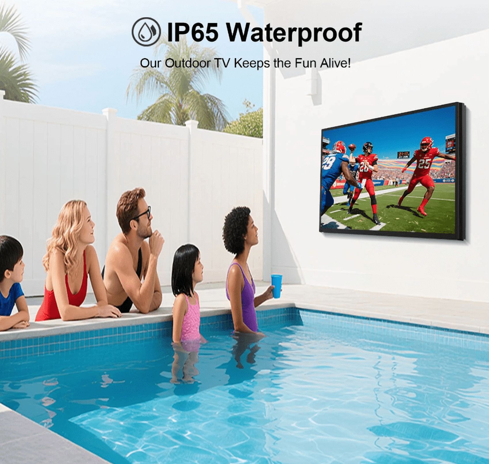 65" Outdoor TV, 4K UHD Smart TV, IP65 Waterproof, 2500nits High Brightness Suitable For Full Sun, Built-in Voice Assistant & Dolby Atmos