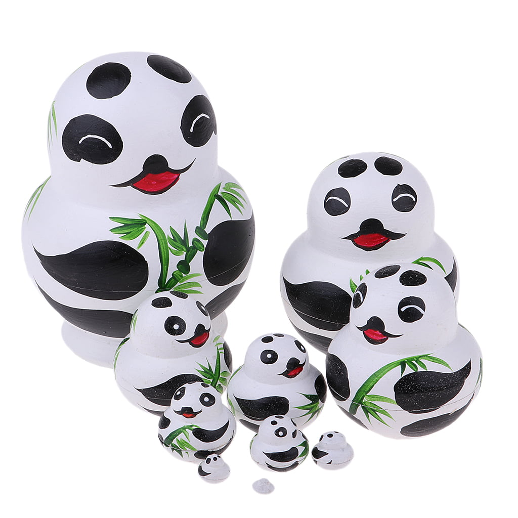 Handpainted Russian Matryoshka Nesting Doll Panda Bamboo Pattern Wood Toy