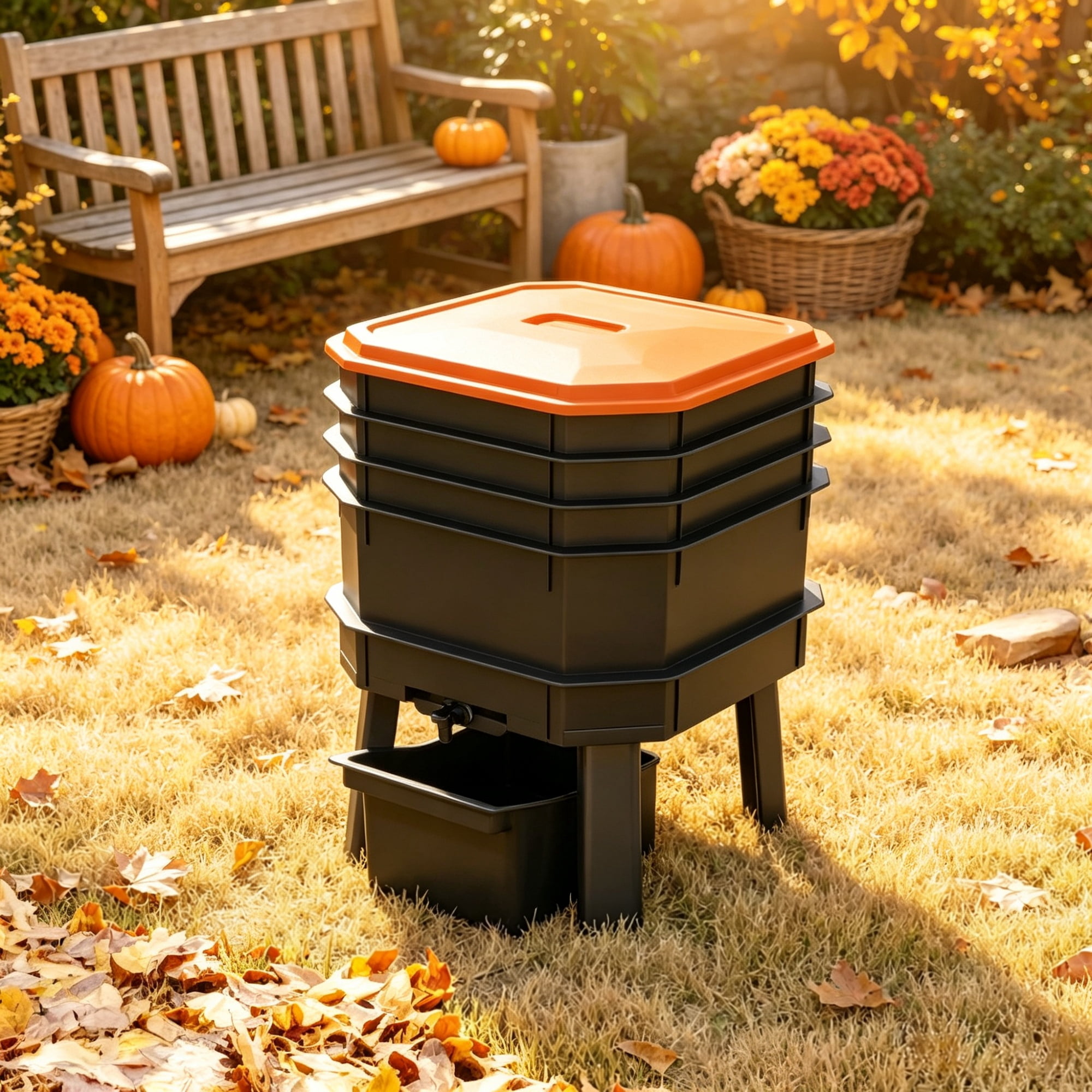 4-Tray Worm Composter Bin, 7.4 Gal Odor-Free, Leak-Proof Indoor & Outdoor Food Waste Recycling, Orange