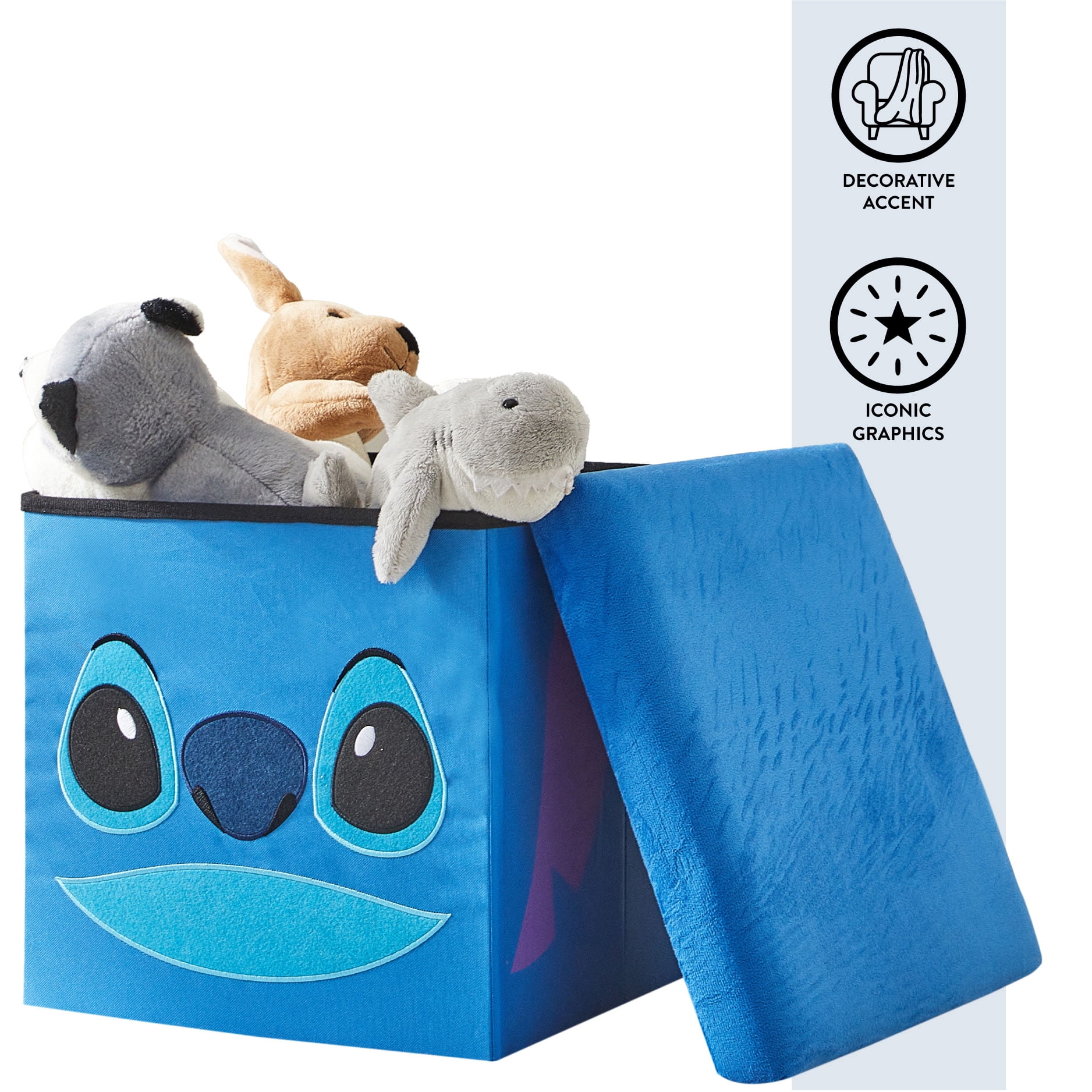 Disney Stitch Kids' Storage Ottoman, Blue, 15" x 15" x 15" - Multi-Purpose and Collapsible