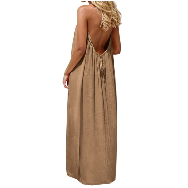 TaTaai Women's Halter Neck Backless Maxi Dress Loose Fit Sleeveless Ankle Length Solid Loungewear for Home Casual Summer Beach Vacation Gift