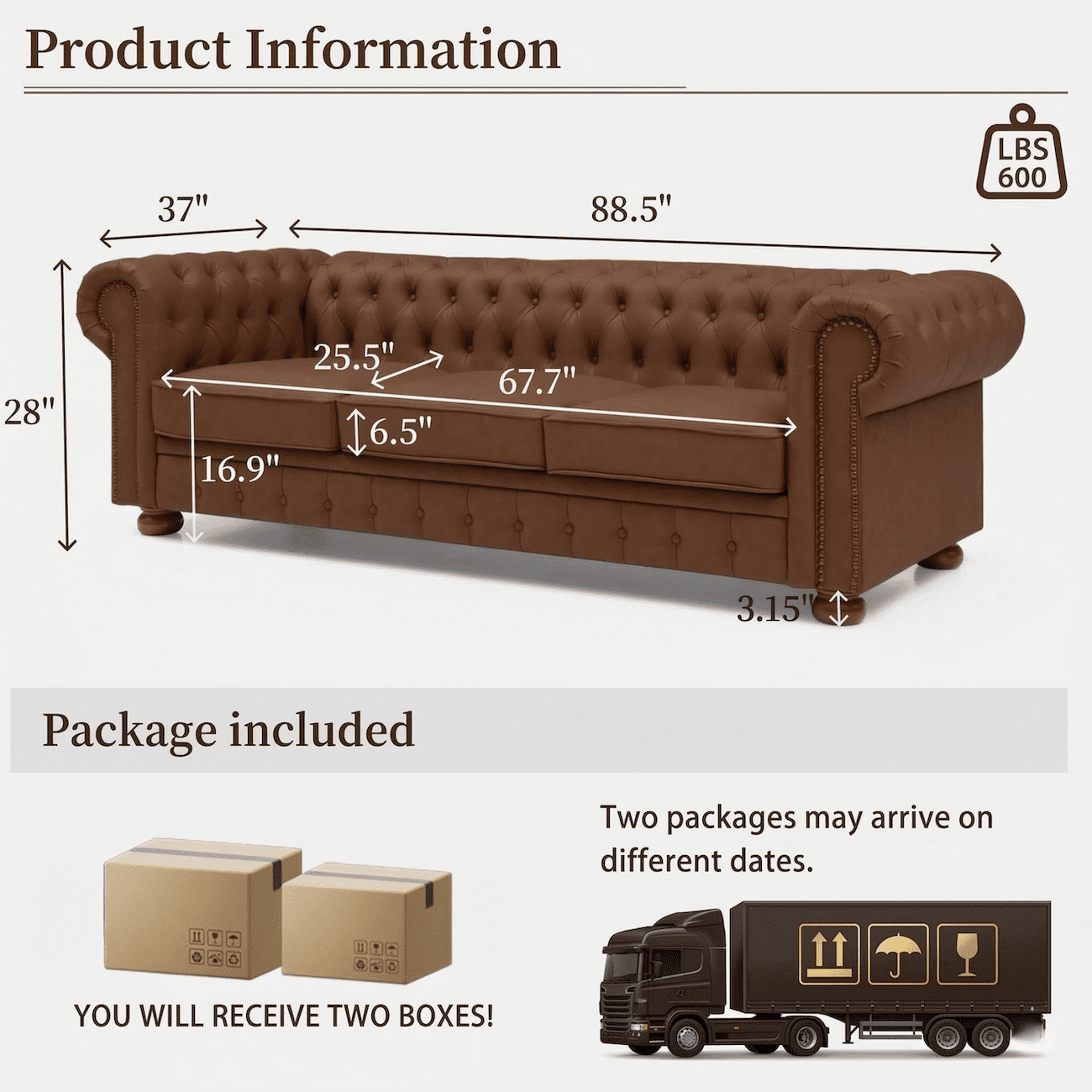 Xiweot Classic Chesterfield Sofa, Mid Century Modern Couch with Deep Seat for Living Room, Office & Apartment