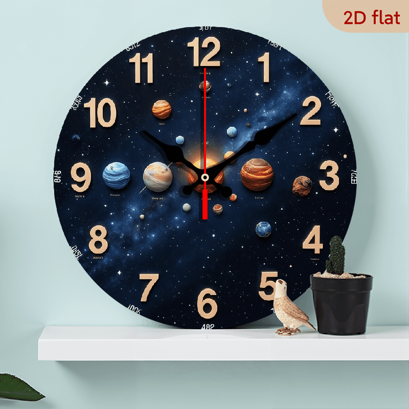 2D Flat 1pc 10Inch Solar System Wooden Wall Clock - Modern Space Theme with Planets, Silent Non-Ticking Quartz Movement, Large Easy-to-Read Numbers, AA Battery Powered (Not Included) - Home